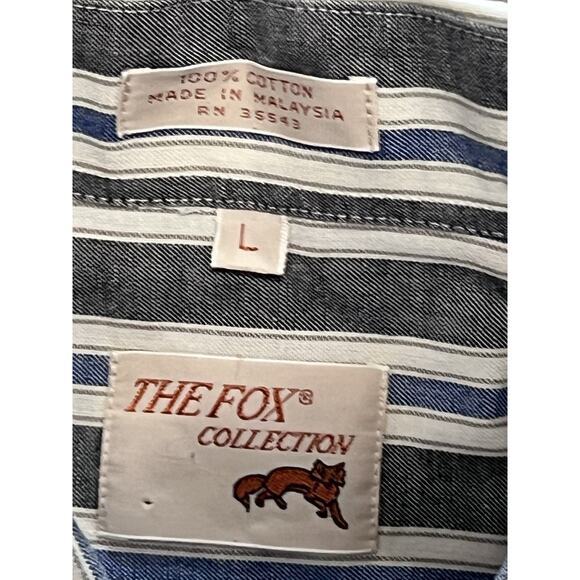 The Fox Collection Mens L Button Down Shirt Gray White Blue Stripe Long Sleeve - Picture 3 of 5